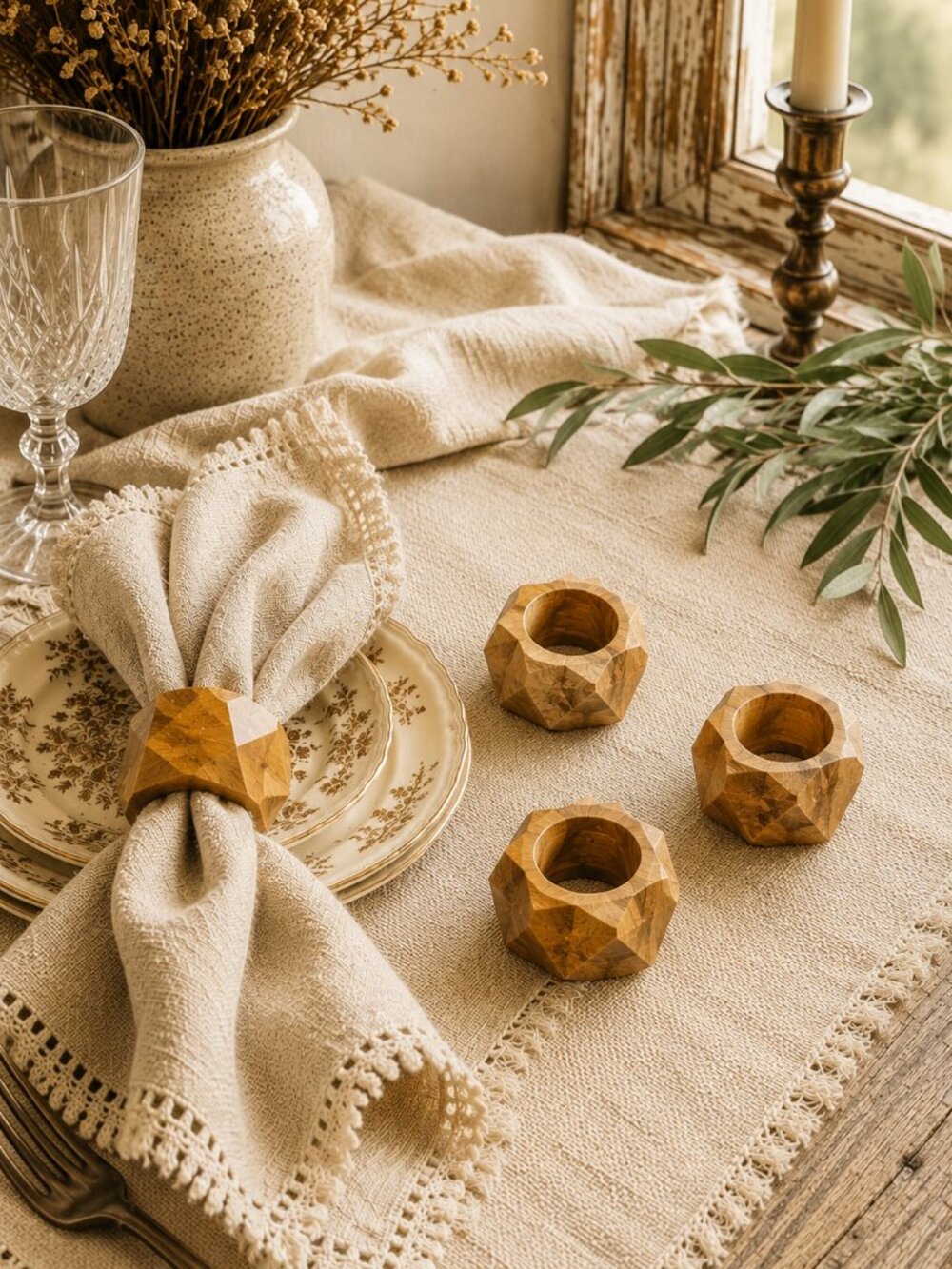 Set of 4 Vintage MCM Geometric Design Faceted Wooden Napkin Rings